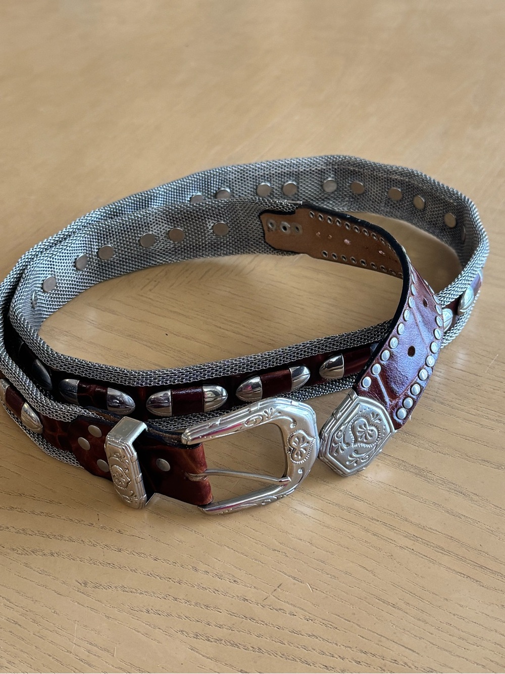 Vintage Men's Western Silver Mesh & Leather Concho Belt Sz 50